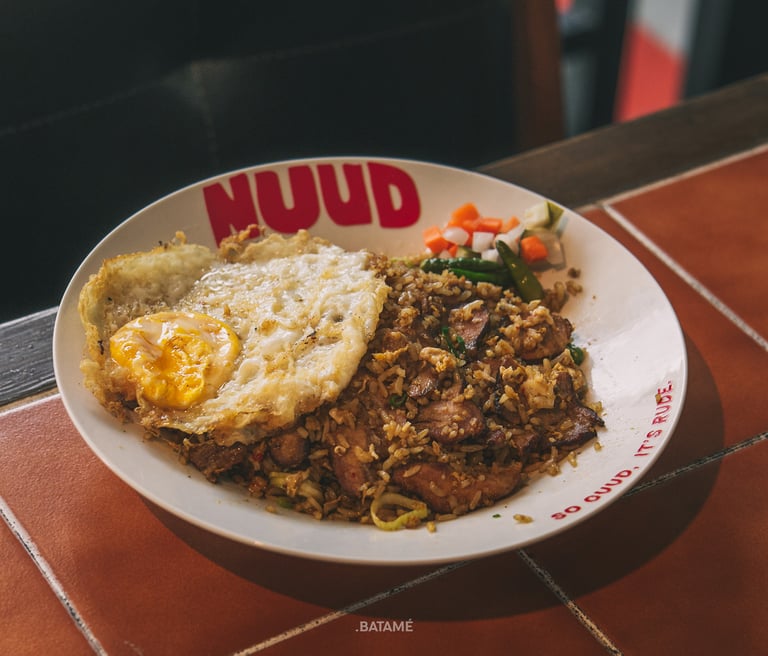 a plate of pork fried rice at NUUD Batam