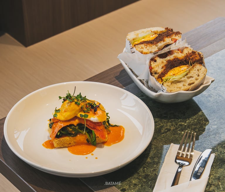 Smoked Salmon Egg Benedict and Beef Rendang Focaccia Sandwich at Ornella Cafe Batam