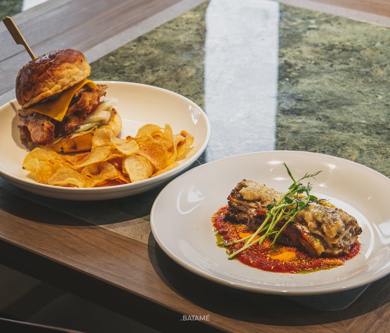 Balinese Bonza Burger and Beef Stroganoff Lasagna at Ornella Cafe Batam