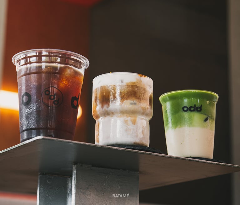 Cold brew, dirty blanc and ceremonial matcha gokugoku latte at odd Batam