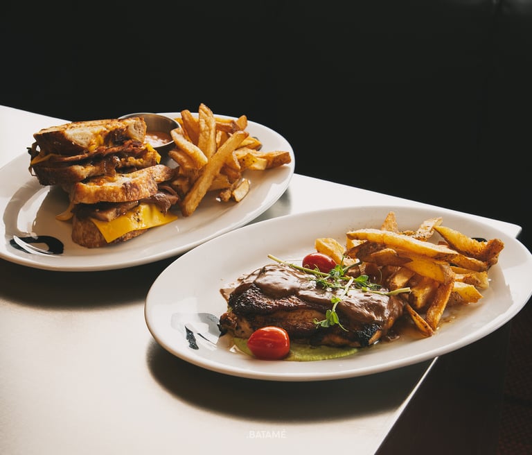 Slow Cooked Brisket Sourdough and Grilled Chicken with brown sauce at odd Batam