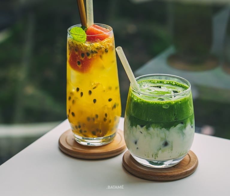 Homegrown Gac & Passionfruit Mojito and Kyoto Uji Matcha Latte at Towzen Batam