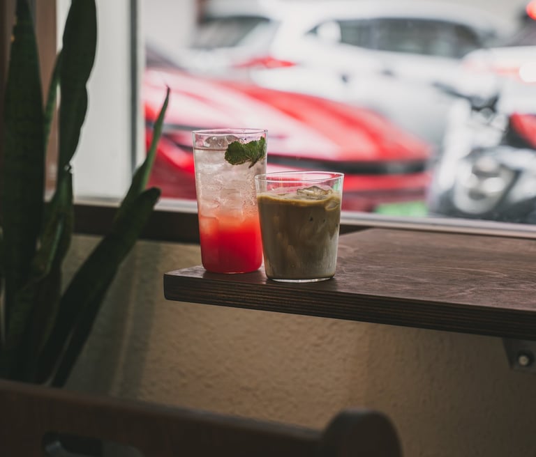 watermelon elderflower ade and hojicha latte at frui batam