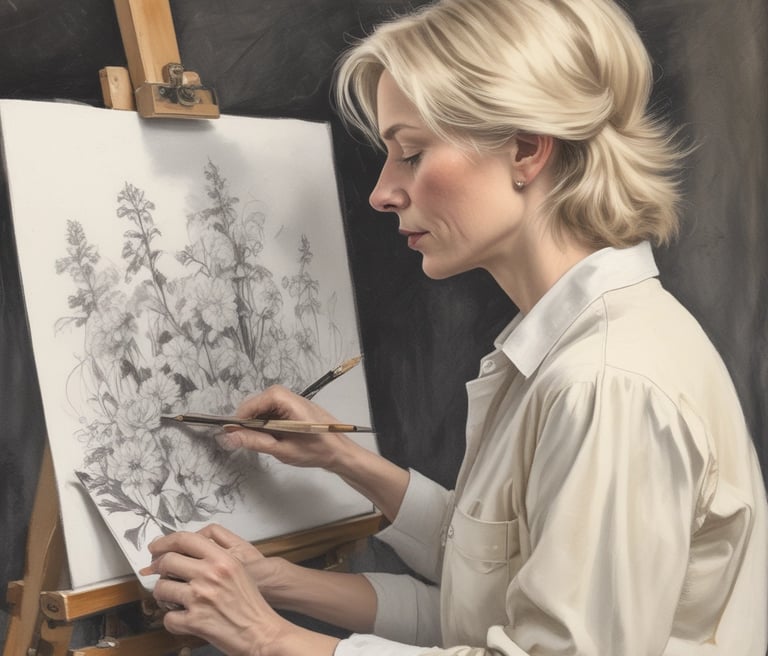 A warm portrait of Fotini Mpali in her studio surrounded by her colorful paintings.