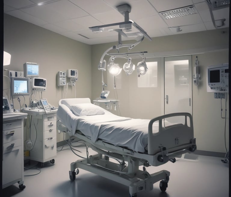 A professional medical device engineer inspecting a high-tech ICU ventilator in a modern facility.