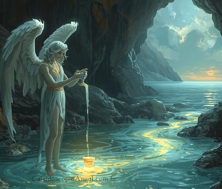 Um anjo alado e andrógino, que lembra a carta da Temperança, permanece sereno no meio de um rio raso