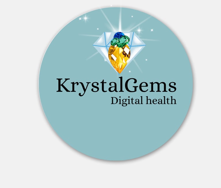 KrystalGems Digital Health logo featuring a sparkling diamond and colorful gemstones on a light blue circle.