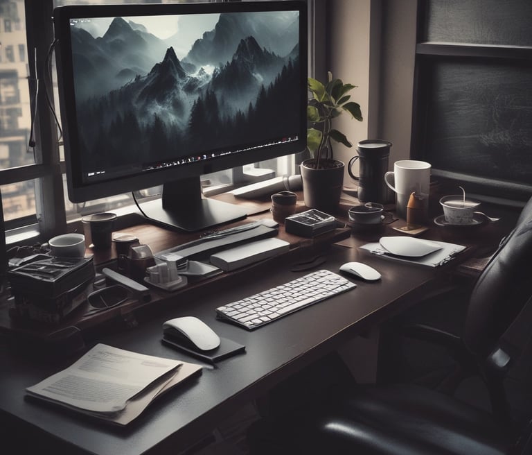 A sleek, modern workspace with a laptop displaying a vibrant website design, surrounded by sketches and branding materials.