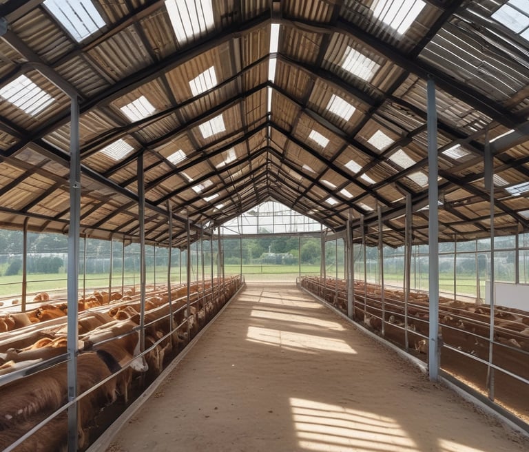 A serene farm scene showing cows grazing peacefully with a farmer gently tending to them under a clear blue sky.