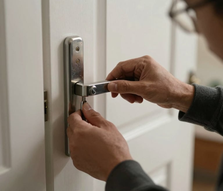A locksmith in uniform unlocking a residential door at dusk with a friendly smile.
