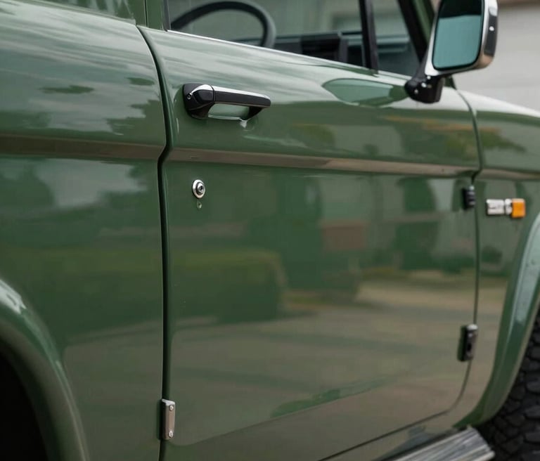 A studio photograph focusing on the chrome lettering of a classic Bronco on a dark forest green body, with soft reflections of a North American / US garage setting.