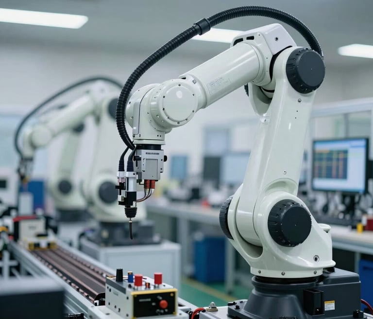Close-up of a technician inspecting a servo motor with precision tools in a modern industrial setting.