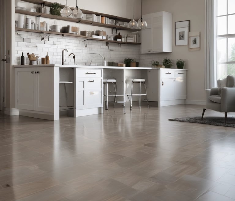 A friendly cleaner in uniform smiling while carefully wiping a kitchen countertop in a bright, tidy home.
