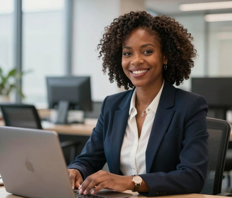 A friendly Nexavero team member assisting a client with paperwork in a bright, modern office.