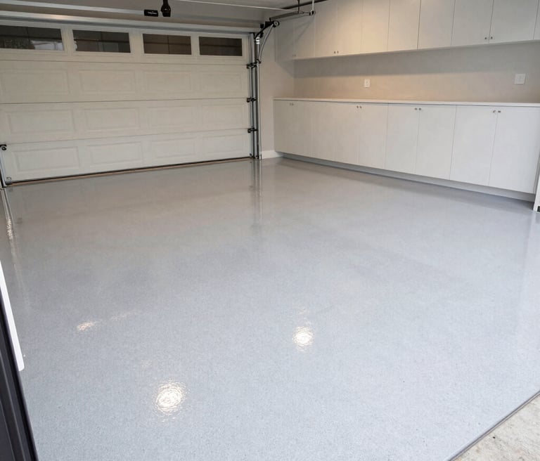 Decorative flake epoxy garage floor coating in a modern residential garage