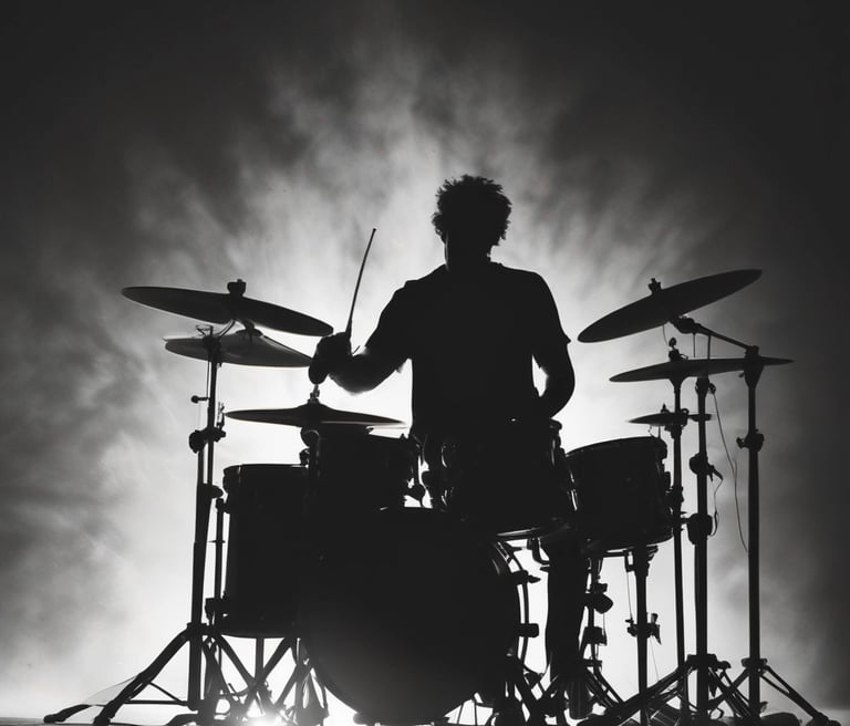 A minimalist portrait of Fabs playing drums with a blue, gray, and black color palette background.