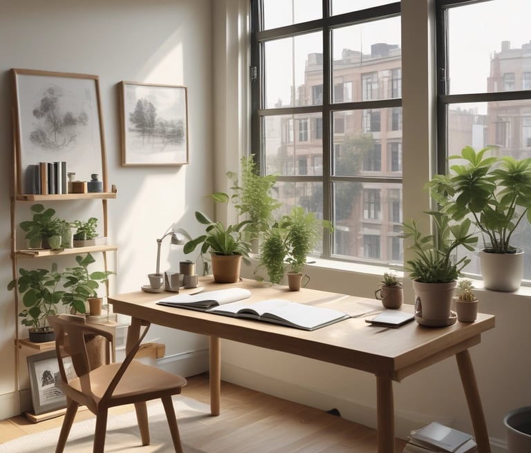 A calm workspace with a laptop, notebook, and soft blue accents reflecting focus and clarity.