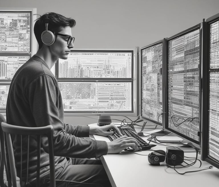 A team of developers collaborating on AI and mobile app projects in a modern office.