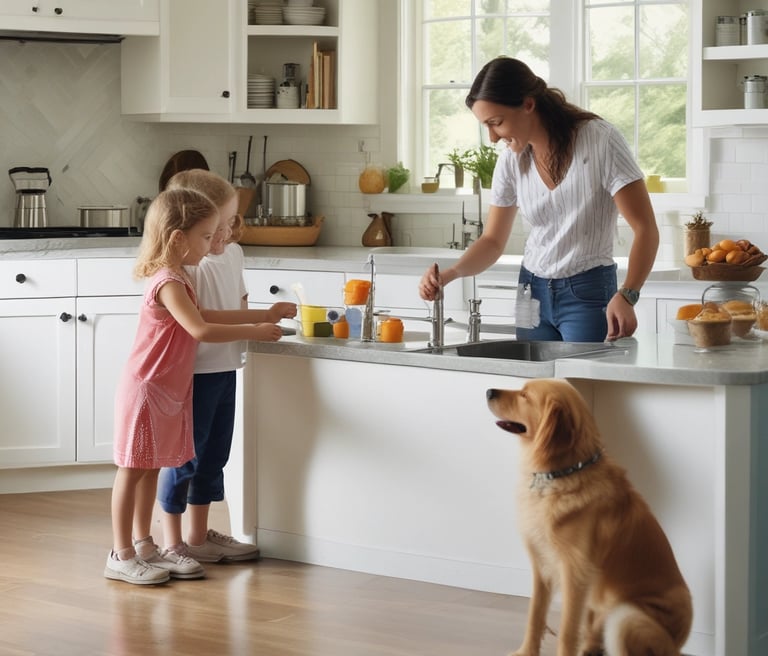 Technician installing a whole house water filtration system in a modern kitchen.