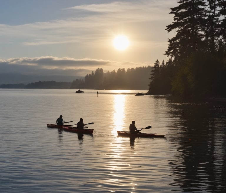 Three people are canoeing on a lake in late afternoon