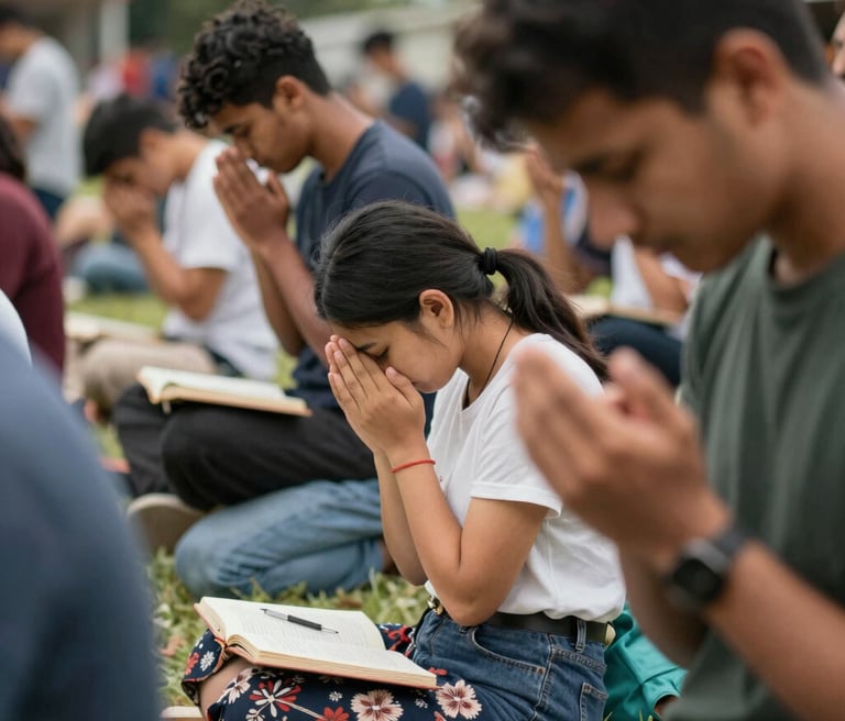 A warm gathering of church members praying together in a sunlit room adorned with navy blue and gold accents.