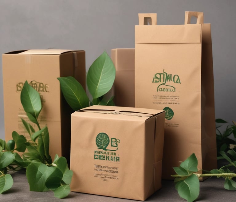 Close-up of colorful plastic and paper packaging films neatly arranged on a wooden table.