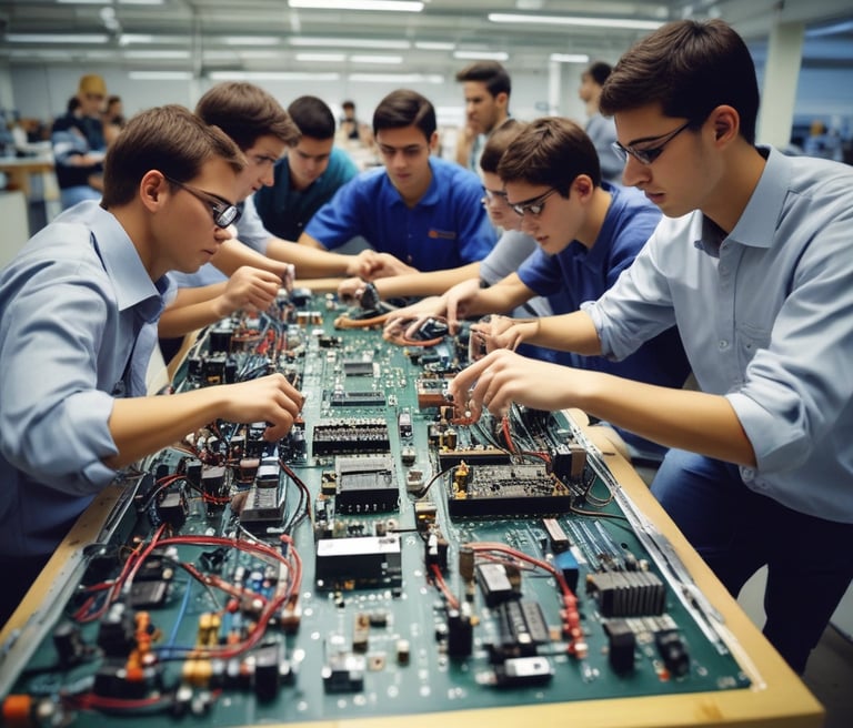 A modern workspace with electronic components, a laptop displaying circuit designs, and textbooks stacked nearby.