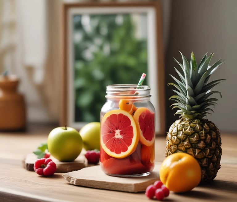 A vibrant glass of freshly made natural juice surrounded by fresh fruits and colorful ingredients on a wooden table.