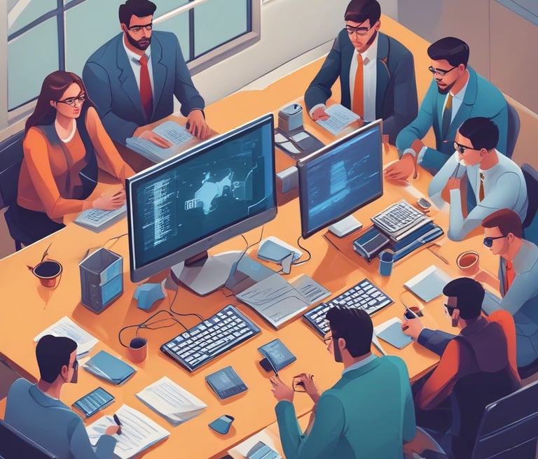 A group of cybersecurity professionals engaged in a lively discussion during an ISSA Oklahoma City chapter meeting.