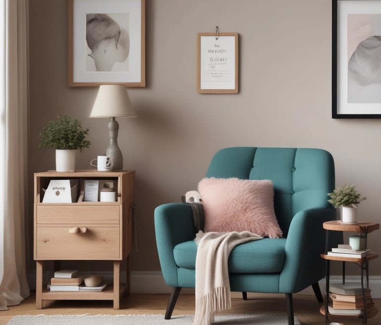 A cozy reading nook with a stack of Soft Corner Publishing books and a warm lamp.