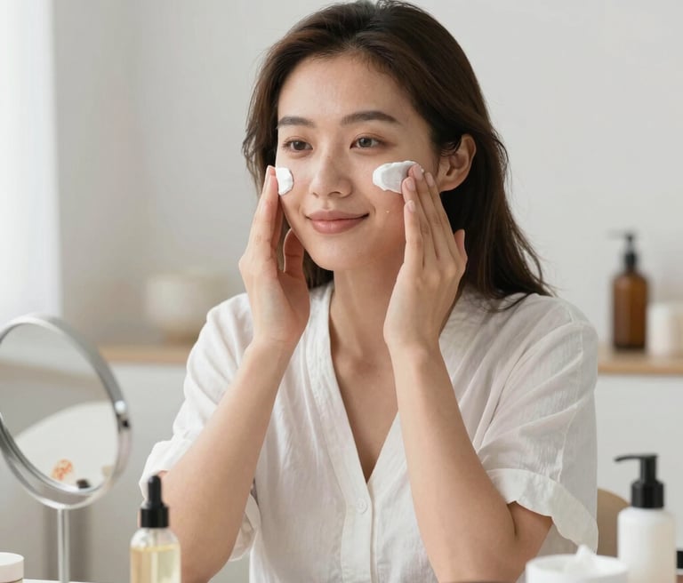 A young woman smiling confidently in front of a mirror with soft natural light highlighting her glowing skin.