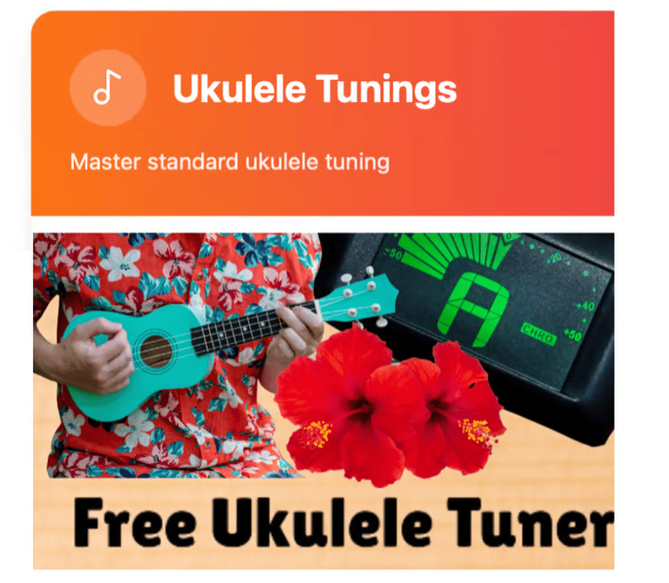 A person playing a teal ukulele with a digital tuner and red hibiscus flowers for a free tuning guide.