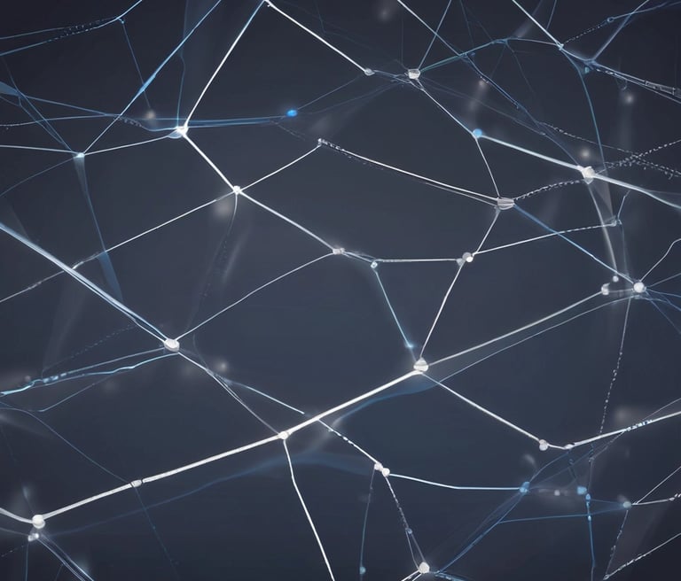 Abstract dark-themed digital network with glowing electric blue and teal nodes representing cloud and platform connectivity.