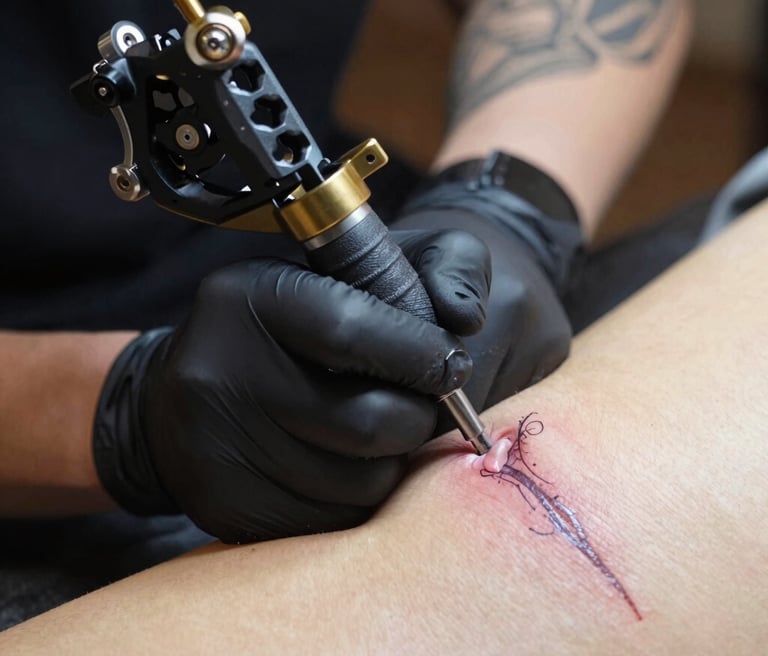 A sleek cyberpunk tattoo studio interior with neon lights and minimalist design.