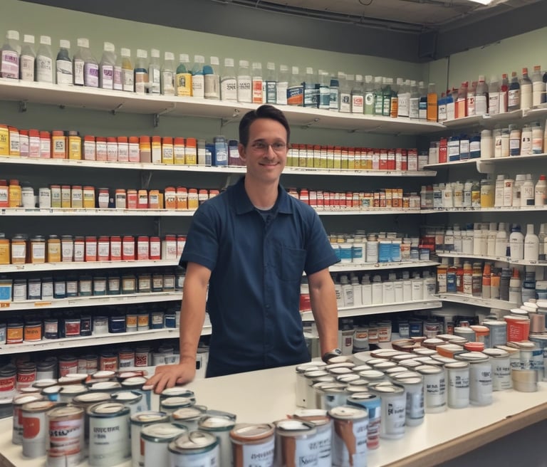 A friendly store employee helping a customer choose automotive paint products in a bright, modern shop.