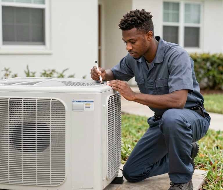 HVAC technician adjusting a sleek, modern thermostat in a stylish South Florida home with soft natural light.