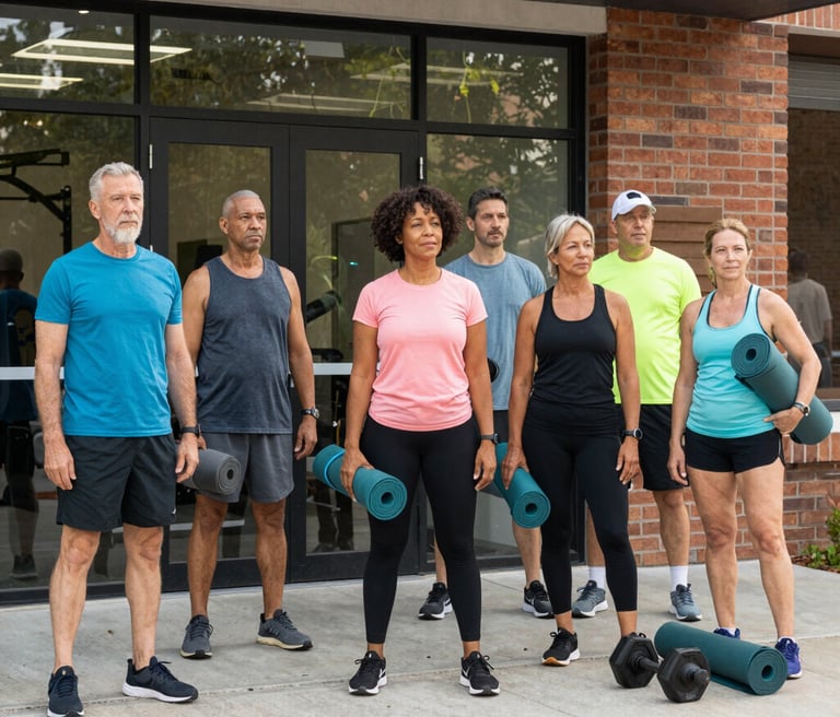 A serene middle-aged woman practicing tai-chi in a sunlit living room during an online class.
