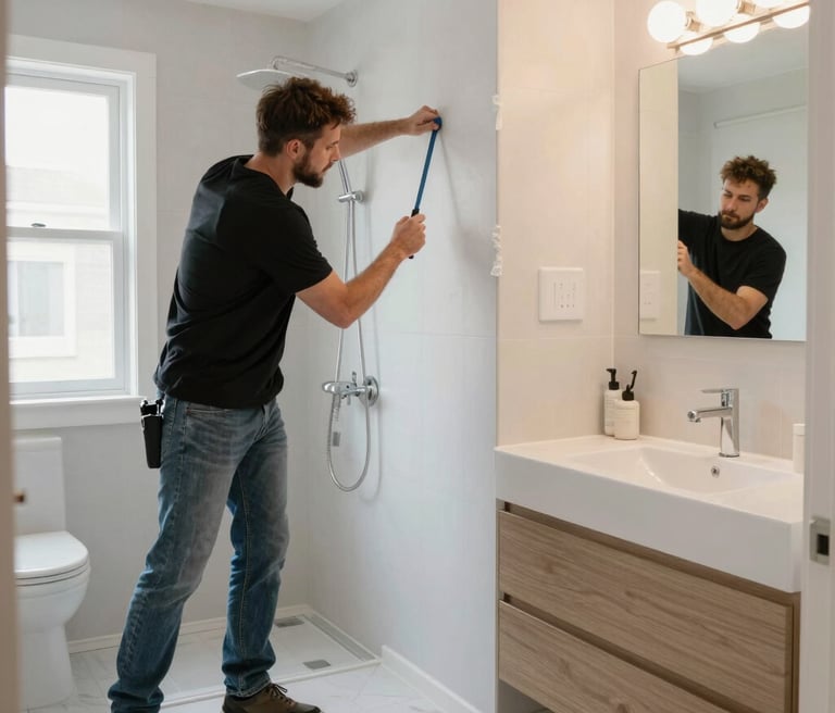A man installs a reusable adhesive mirror mount in a modern bathroom for organized grooming.