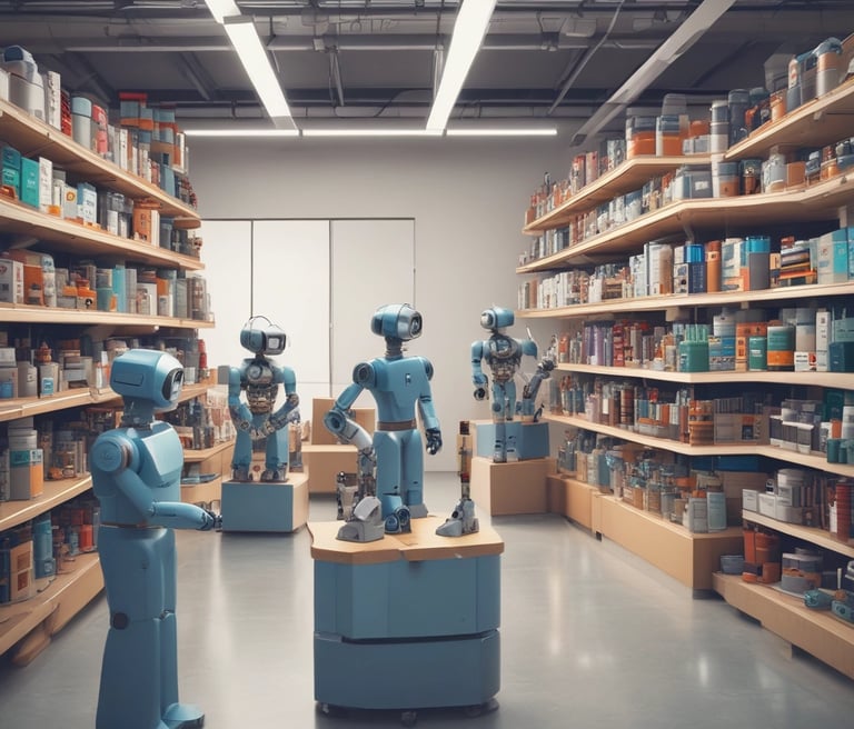 A modern office workspace with computers and team members collaborating on information products.