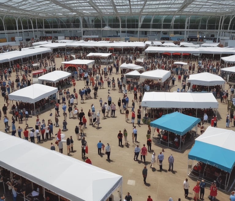 A vibrant international travel exhibition bustling with attendees and colorful booths.