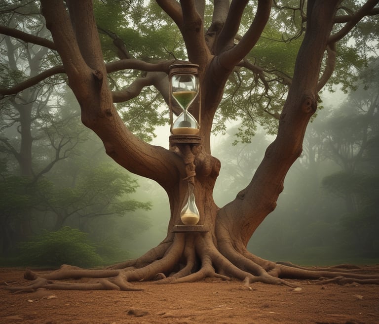 A serene coastal scene with gentle waves and a large tree framing the horizon at sunset.