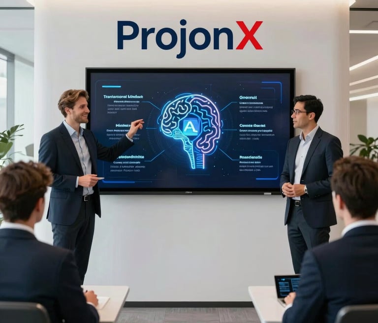 Futuristic office space with holographic AI project displays and professionals collaborating.