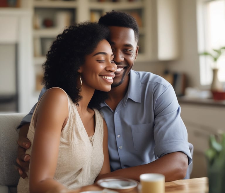 A warm, welcoming family sitting together in their living room, smiling and relaxed.