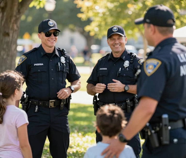 A warm, welcoming photo of Aurora police officers engaging with local families at a community event in a sunny park.