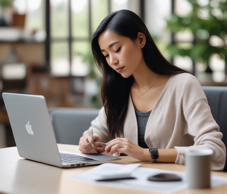 Janice working intently at her desk surrounded by SEO analytics on multiple screens.