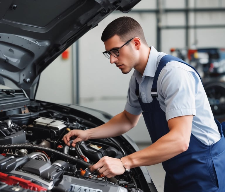 A friendly mechanic working attentively on a car engine in a clean, well-equipped workshop.