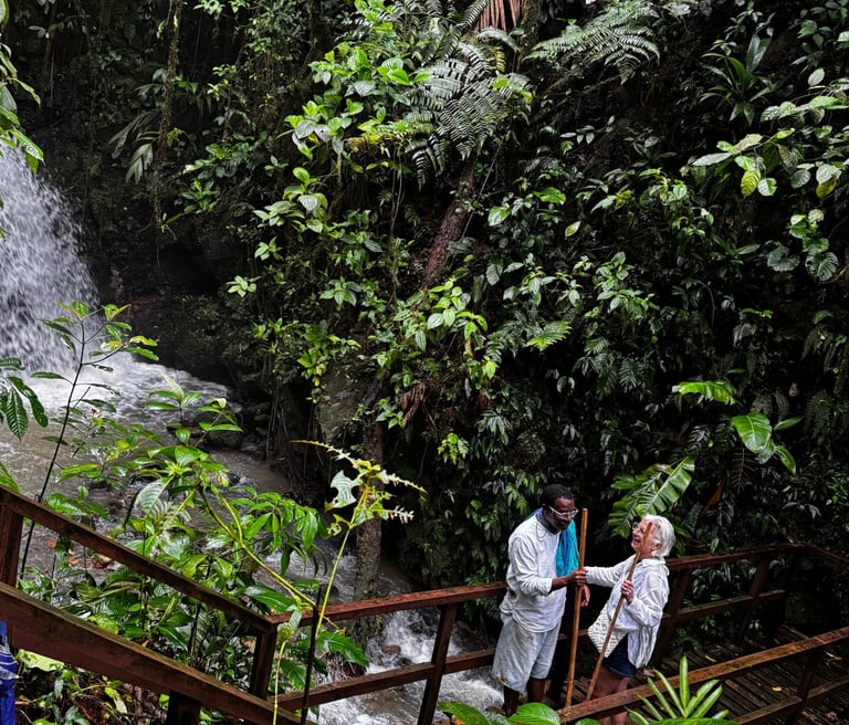 Couple enjoying a scenic jungle hike through the tropical rainforest of Santa Fe, Panama."