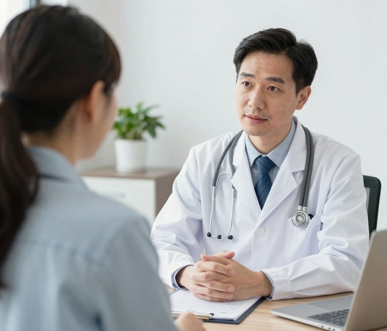 A welcoming dermatologist gently consulting with a smiling patient in a bright, modern clinic room.