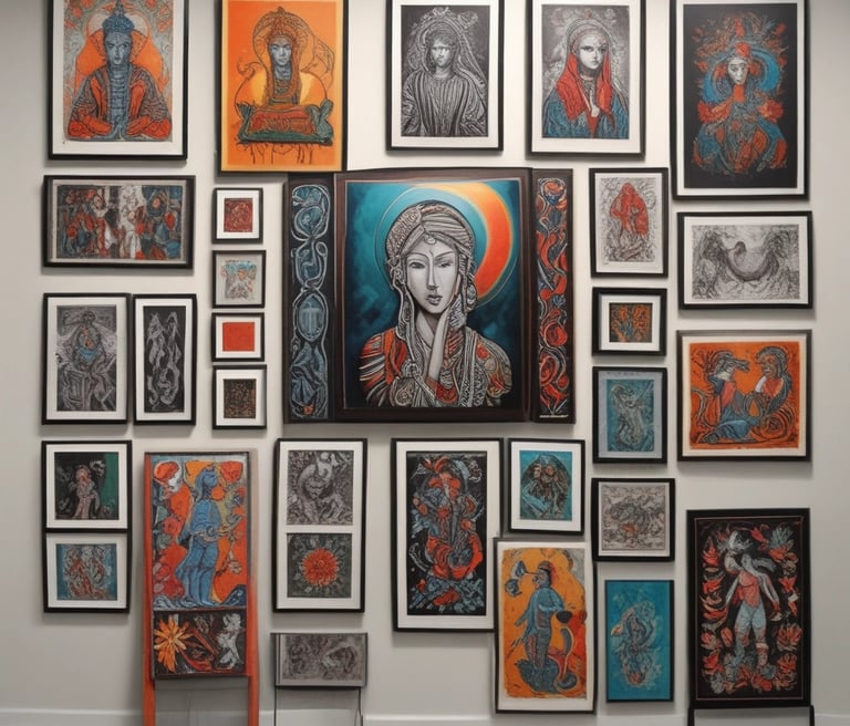 A vibrant display of vwwarious artworks in a cozy gallery setting.
