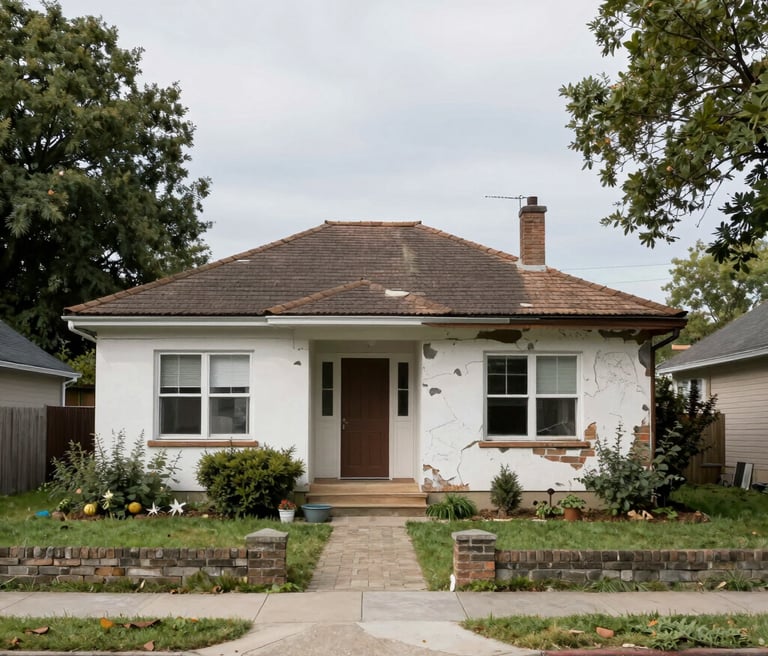 A worn-down house with visible damage, surrounded by greenery under a bright sky.